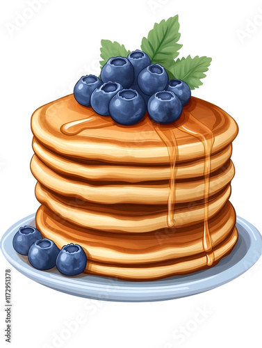 A stack of fluffy pancakes topped with fresh blueberries, isolated on white background, png, transparent. photo