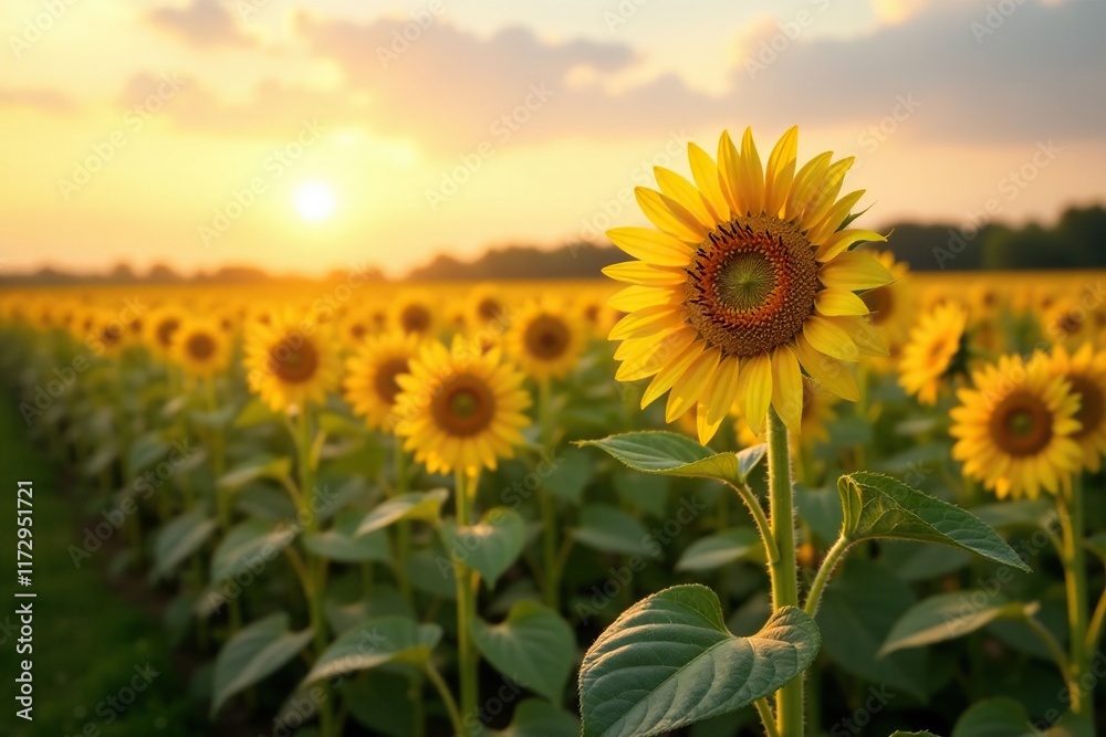 Fototapeta premium Golden hues fade over tall sunflower stalks in a vast open field, serene, peaceful