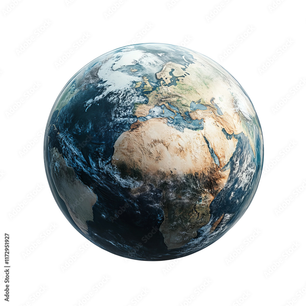 Global Sphere of Earth: An awe-inspiring realistic depiction of Planet Earth from space, showcasing the majestic continents, oceans, and atmospheric details of the world.