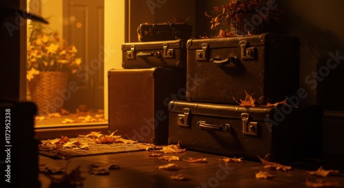 Cozy attic storage, warm golden light, stacked vintage suitcases, old books, antique objects, dusty ambiance, nostalgic atmosphere, wooden floorboards, soft shadows, cinematic lighting, hidden treasur photo