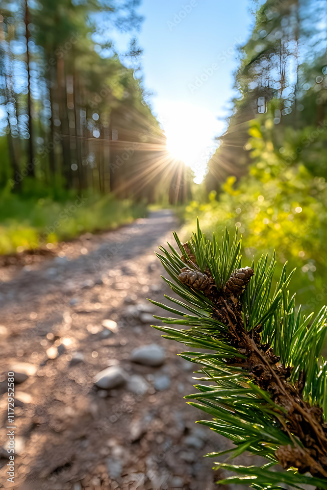 Sunlit forest path, pine branch in foreground, summer sunlight through trees, nature trail, ideal for travel or nature blogs