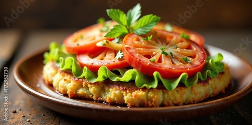 Milanesa sobre una base de papas fritas en un pan de madera, pan de madera, comida, saborosa