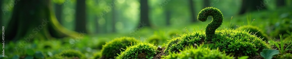 Moss-covered question mark peeking out from under dense foliage, natural world, trees, moss Moss-covered question mark peeking out from under dense foliage, natural world, trees, moss