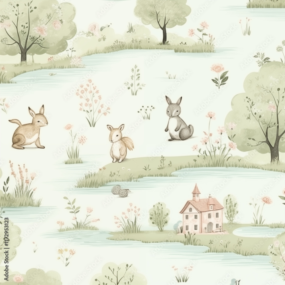 Fototapeta premium Bunnies on a Meadow, Cute Pattern Design