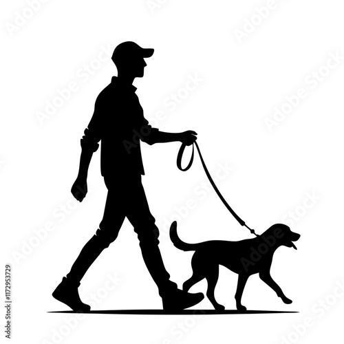 Silhouette of man walking dog on leash. Clipart image isolated on background
