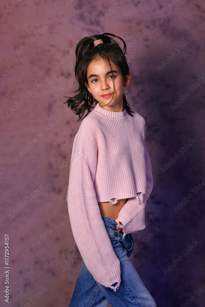 Portrait of asian beautiful girl kid isolated on black background. Teen girl kazakh in studio shot. Advertising child