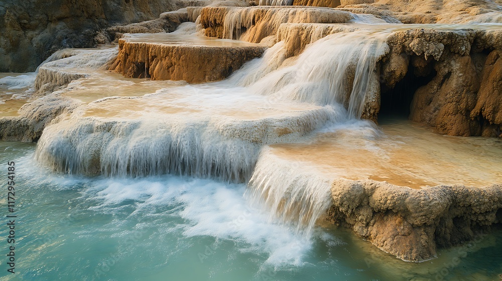 Naklejka premium Cascading water over travertine terraces, showcasing the mineral-rich formations and unique natural beauty