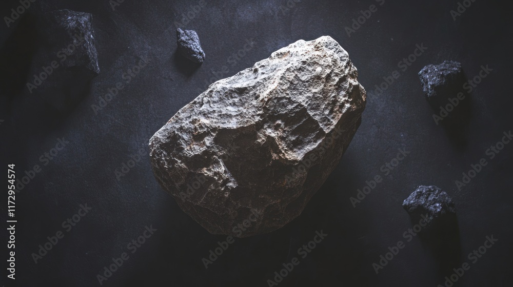 Naklejka premium Close-up of a large, rough rock on a dark surface with smaller rocks surrounding it.
