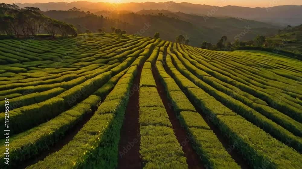 Sunset aerials emphasizing the long shadows cast by the rows of tea bushes, adding depth and texture to the scene, 4k High-Quality background animation video