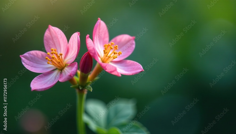 Three delicate flowers bloom on a single stem, leaves, botanical Three delicate flowers bloom on a single stem, leaves, botanical