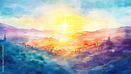 A radiant watercolor depiction of a holy star shining brightly over a serene Bethlehem landscape, with subtle textures and soft gradients, evoking peace, hope, and the birth of Christ.