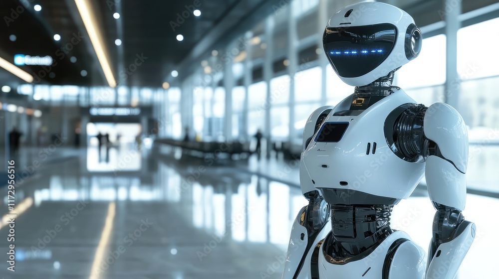 futuristic armed airport security robot standing on guard in terminal futuristic armed airport security robot standing on guard in terminal