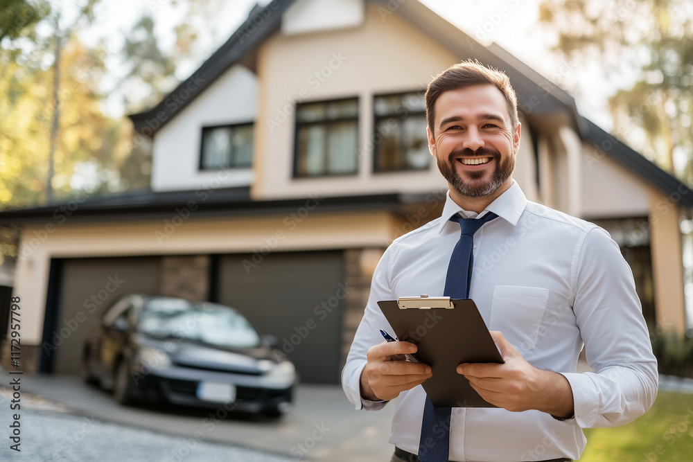 Estate agent holding a clipboard and smiling in front of a beautiful house. Generative AI Estate agent holding a clipboard and smiling in front of a beautiful house. Generative AI