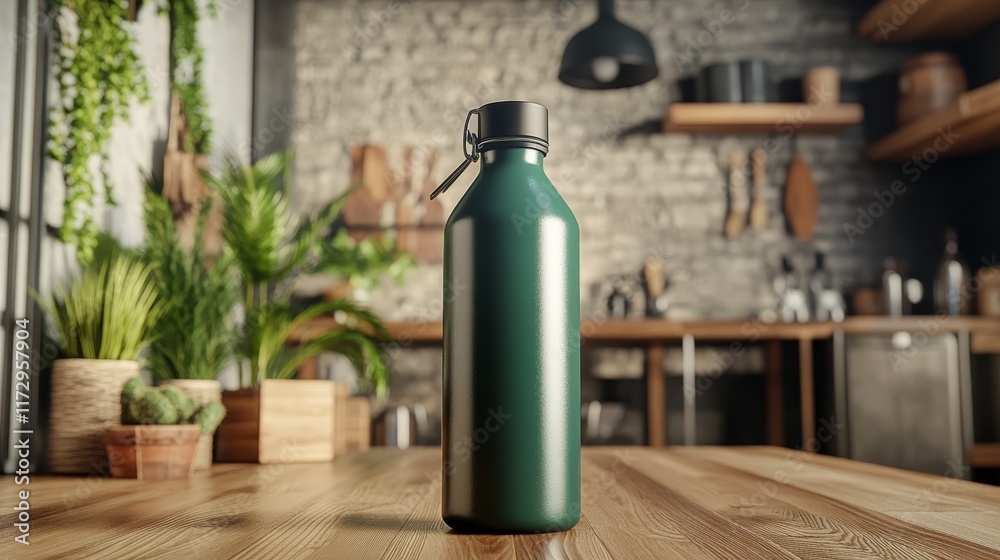 A green metal water bottle on a wooden table in a cozy kitchen setting. A green metal water bottle on a wooden table in a cozy kitchen setting.