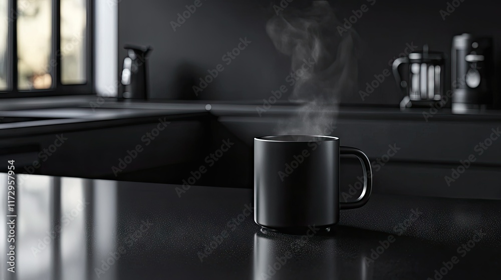 A close-up of a steaming black coffee mug on a sleek black counter, with faint reflections and warm steam visible A close-up of a steaming black coffee mug on a sleek black counter, with faint reflections and warm steam visible