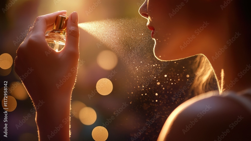 A close-up of a woman's hand delicately spraying perfume onto her neck, with a soft, blurred backdrop A close-up of a woman's hand delicately spraying perfume onto her neck, with a soft, blurred backdrop