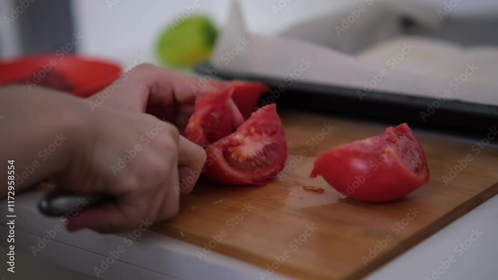 Close up boy's hands slicing a fresh tomato on a wooden cutting board in the kitchen. Cooking at home. ingredient for making pizza. Child is learning to cook Close up boy's hands slicing a fresh tomato on a wooden cutting board in the kitchen. Cooking at home. ingredient for making pizza. Child is learning to cook