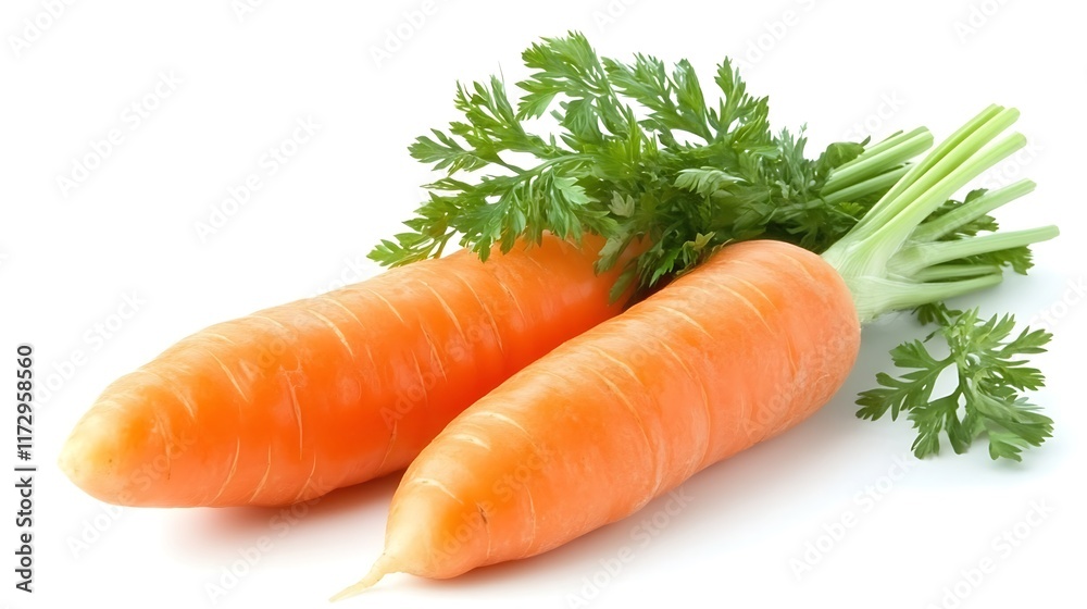 Shiny orange carrot with green leafy tops positioned diagonally on a white background to emphasize its vibrant color and fresh look Shiny orange carrot with green leafy tops positioned diagonally on a white background to emphasize its vibrant color and fresh look