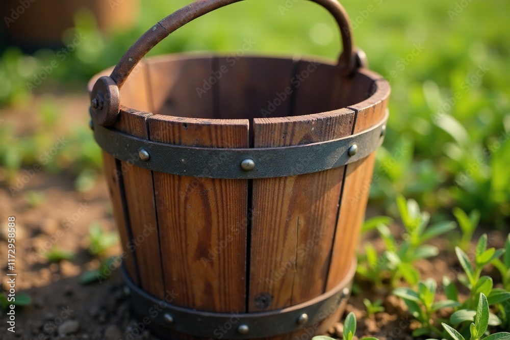 Wooden bucket with metal rivets and a worn-out handle, outdoor use, farm equipment Wooden bucket with metal rivets and a worn-out handle, outdoor use, farm equipment