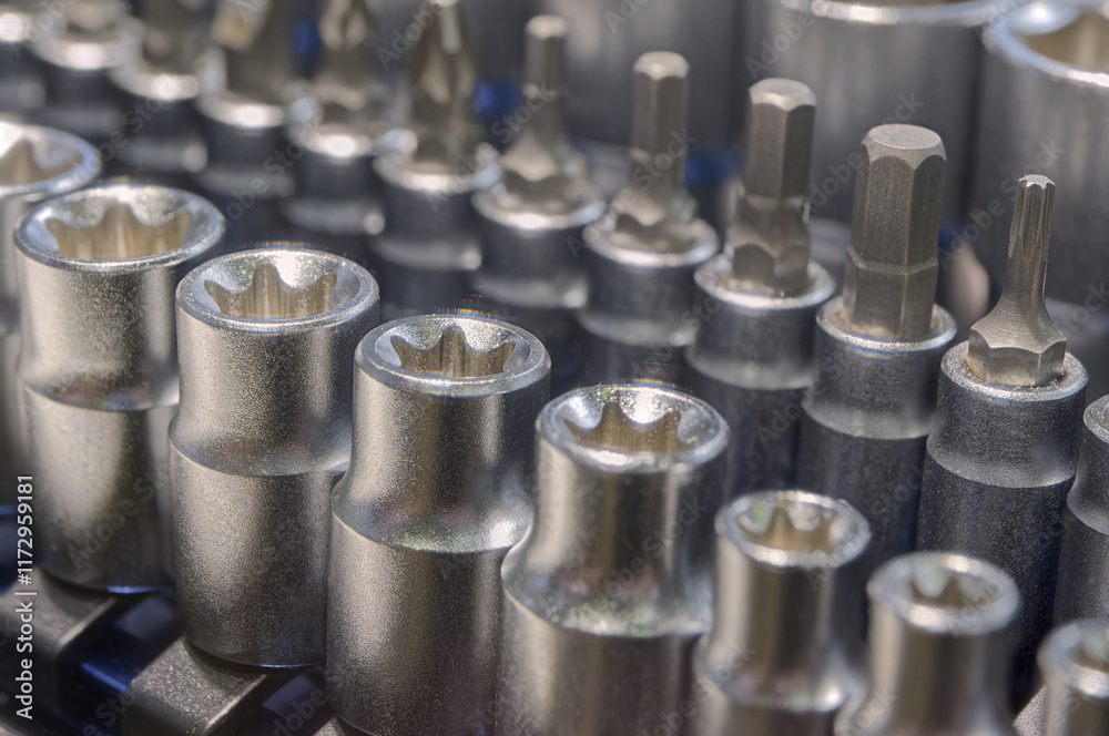 Set of torx, hex and phillips screwdriver heads and sockets of different sizes in a toolbox Set of torx, hex and phillips screwdriver heads and sockets of different sizes in a toolbox