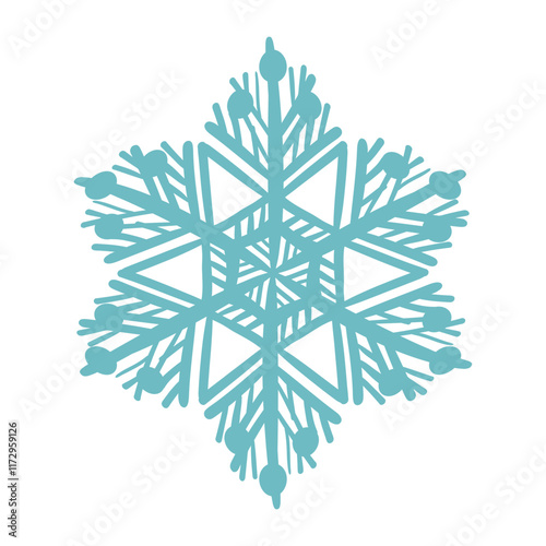 Blue template snowflake with shadow. Isolated snowflakes icon, round mandala. Winter Holiday cartoon flat illustration. Merry Christmas and New year Vector. Hand draw style.