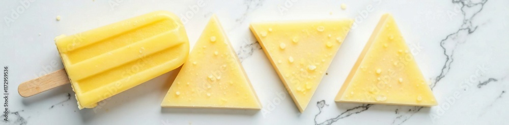 Yellow triangular ice cream bar on a marble background, triangle, playful Yellow triangular ice cream bar on a marble background, triangle, playful