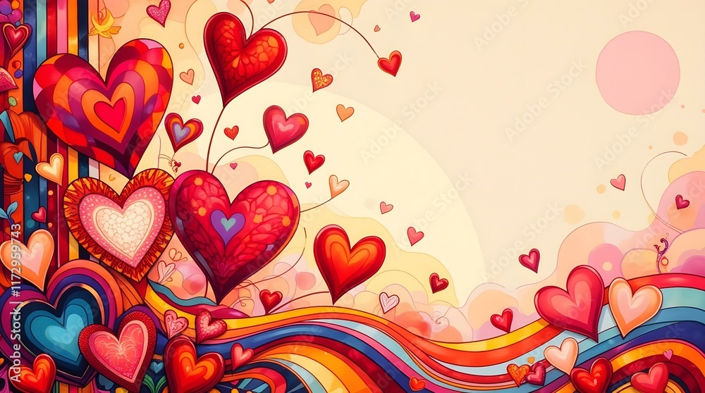 Obraz premium A vibrant illustration of a whimsical landscape filled with colorful, patterned hearts, wavy lines, and abstract shapes, creating a joyful and celebratory atmosphere