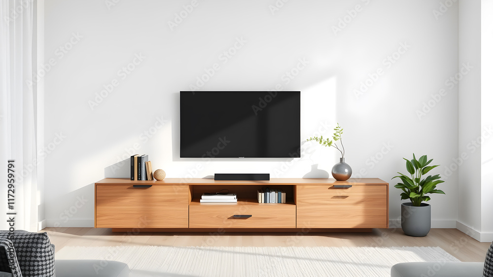 Obraz premium Mockup minimalist a cabinet television wall mounted with decoration in living room and white wall. Generative AI