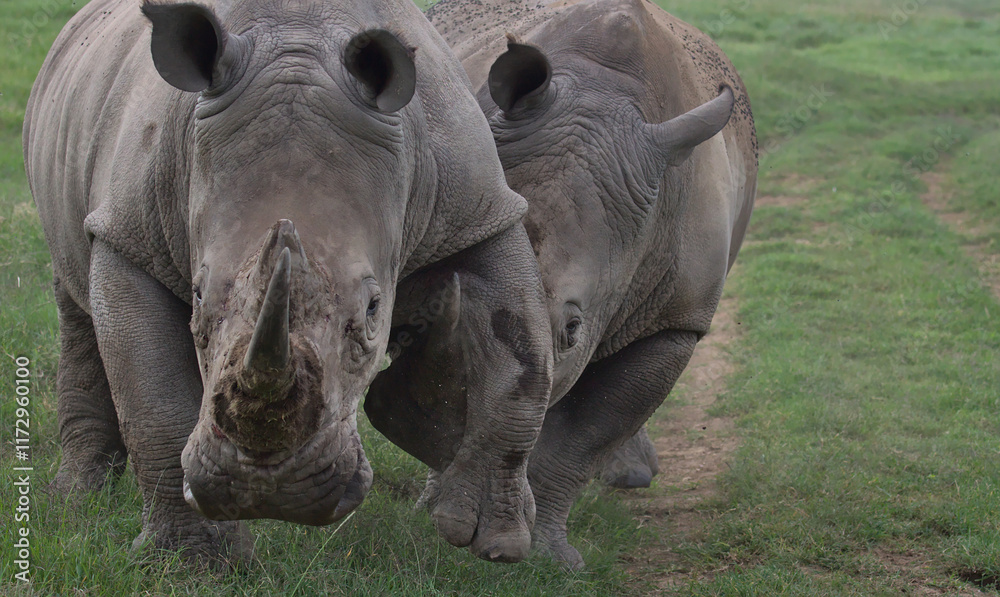 Obraz premium southern white rhino uses its horn to gain the upper hand during against its opponent during sparring round in the wild plains of solio game reserve, kenya