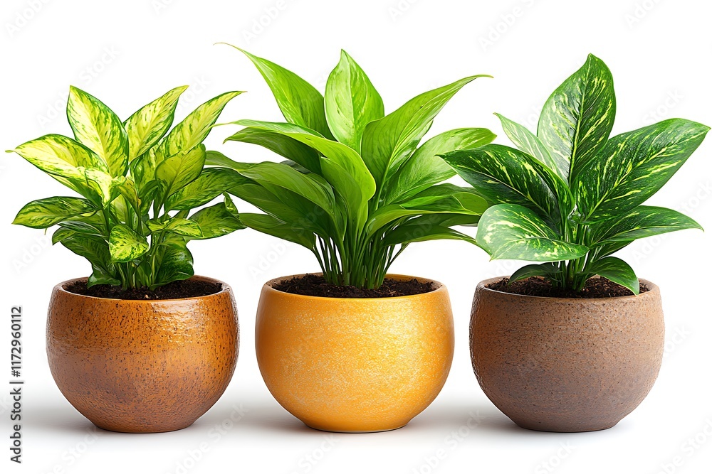 Obraz premium Three potted plants with vibrant green leaves in decorative pots