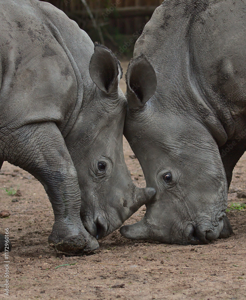 Obraz premium closeup of a pair of cute orphaned baby southern white male rhinos sparring with horns interlocked in the wild solio game reserve, kenya