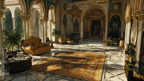 A luxurious princess-style living room with marble flooring, ornate decor, and soft, elegant furniture.