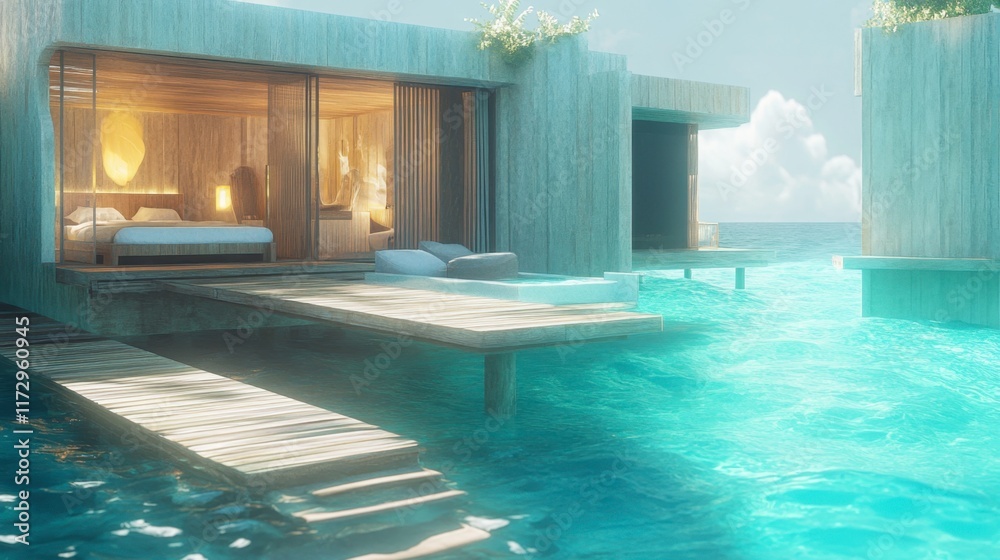 Obraz premium A luxury Maldivian overwater bungalow with a private deck leading into the ocean, perfect for a tropical getaway.