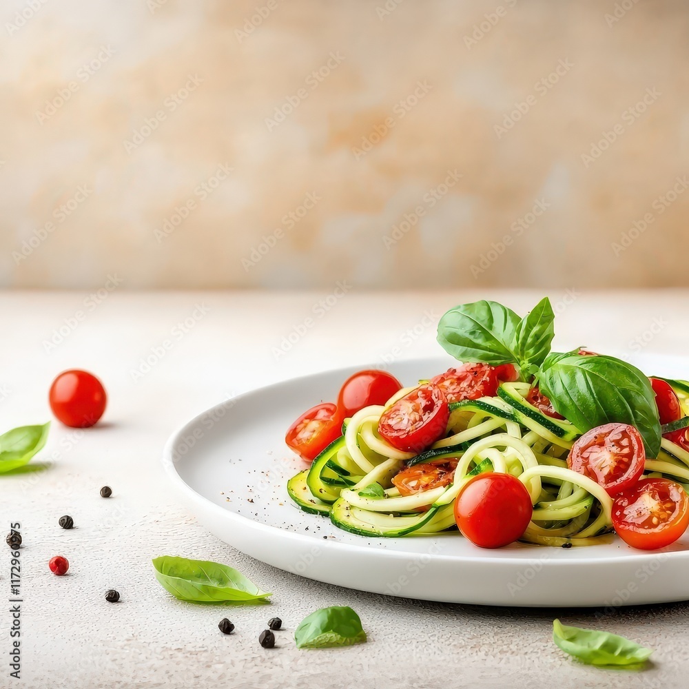 Plate of zoodles (zucchini noodles) with cherry tomatoes and basil, beige background Plate of zoodles (zucchini noodles) with cherry tomatoes and basil, beige background