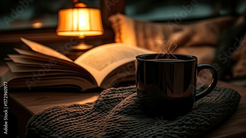 A hot black coffee mug on a dark tabletop near an open book and a dim lamp, creating a cozy atmosphere photo