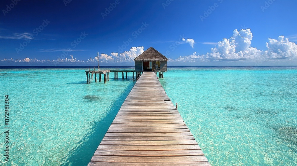 Obraz premium A luxury villa in the Maldives with panoramic views of the ocean and a private pool overlooking the water.