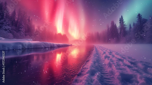 Colorful northern lights above the forest on the lake shore in The winter night landscape