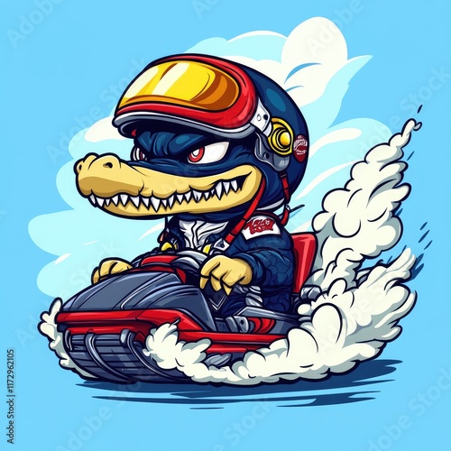 A cartoon crocodile in a racing kart, wearing a helmet, speeding with smoke effects. photo