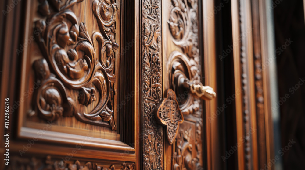Ottoman-era wooden door with intricate carvings, floral motifs, and geometric patterns. Soft light highlights the details, evoking history, culture, and timeless beauty. Ottoman-era wooden door with intricate carvings, floral motifs, and geometric patterns. Soft light highlights the details, evoking history, culture, and timeless beauty.