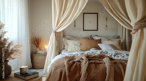 Small and cozy bedroom with a canopy bed soft throws and pillows and a bedside table with a candle and a book complemented by warm lighting and neutralcolored walls photo