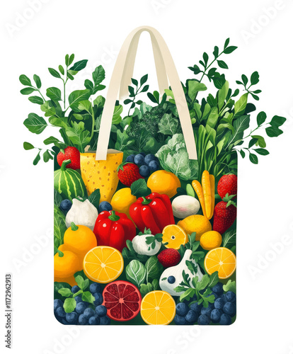 Colorful Illustration of Fresh Fruits and Vegetables in a Reusable Tote Bag