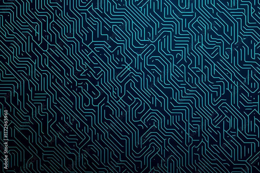 Obraz premium Abstract close-up of a glowing blue digital circuit board, showcasing intricate connections and technological design on a black background. 