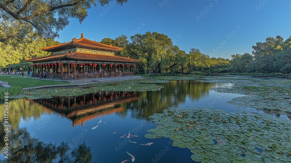 Serene pavilion reflected in calm pond, surrounded by lush greenery and vibrant koi fish.