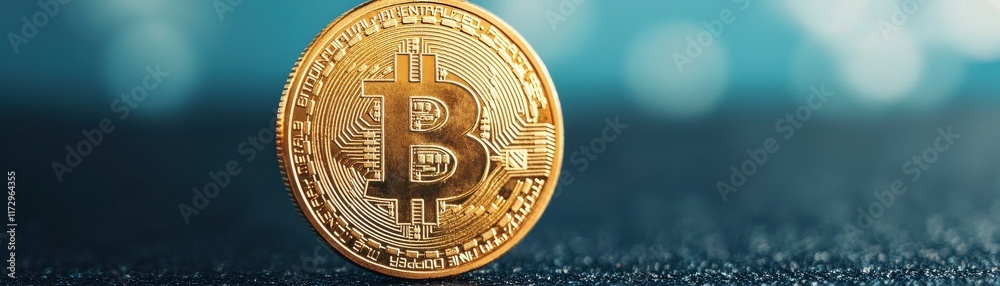 custom made wallpaper toronto digitalA shiny gold Bitcoin coin stands prominently against a blurred blue background, symbolizing cryptocurrency and digital finance.