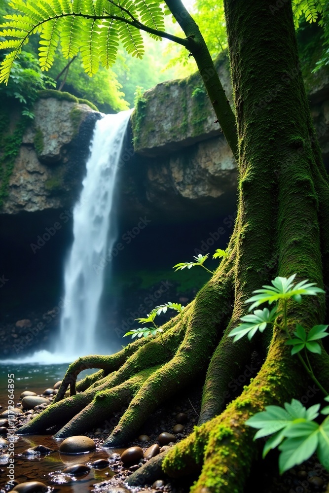 Ferns and moss covering ancient tree roots near waterfall, ferns, roots, moss Ferns and moss covering ancient tree roots near waterfall, ferns, roots, moss
