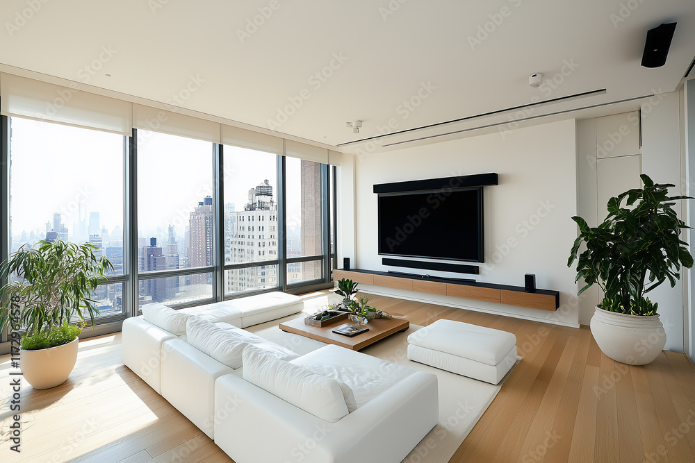 Fototapeta premium Modern luxury in a beautifully designed room with stunning city views all around. Generative AI