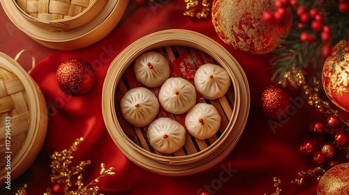 Steamed dumplings in a bamboo steamer, festive red background, Christmas ornaments. photo