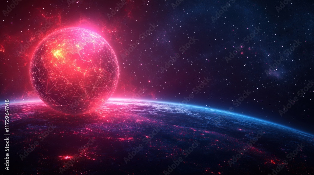 Fototapeta premium A vibrant cosmic scene featuring a glowing planet and a starry background.