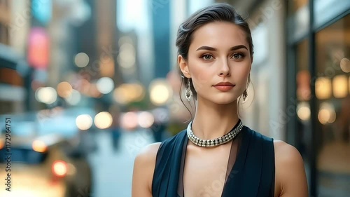 Elegant young woman wearing a diamond necklace and earrings is posing in a city street with blurred cars and buildings in the background.