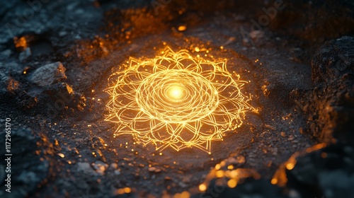 Glowing Mandala on Dark Ground Mystical Energy Spiritual Symbol photo